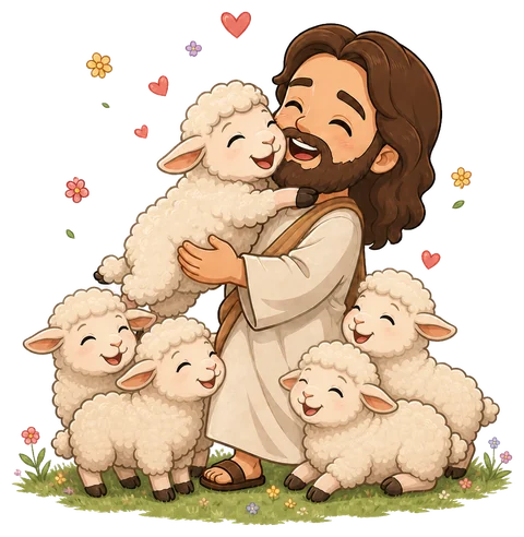 Jesus hugging his sheep